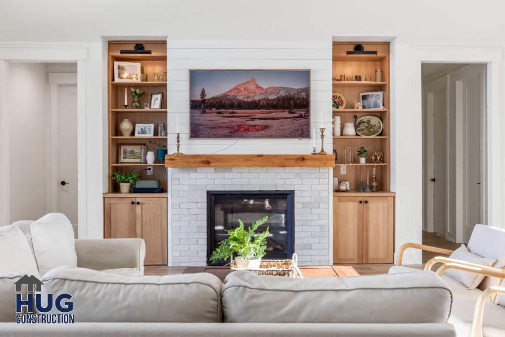 Interior photo of the family room with fireplace.