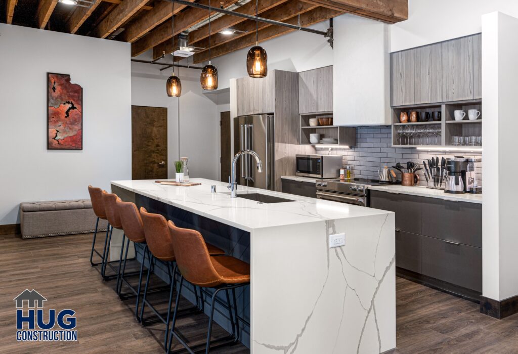 Image of the kitchen and island seating area.