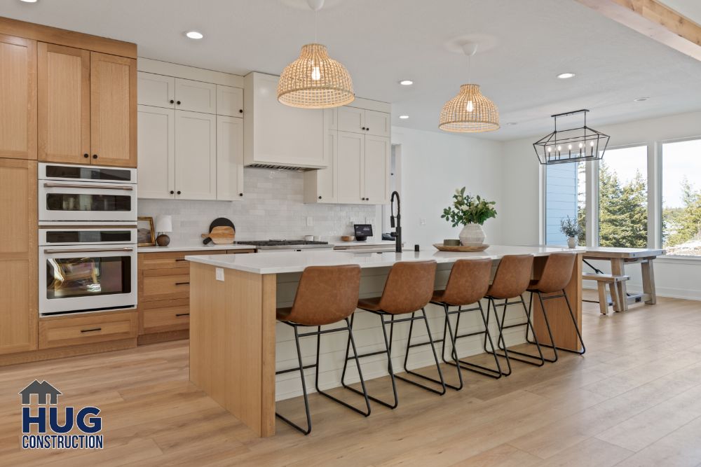 The Ridge At Hangman. Interior photo of the kitchen island with seating.