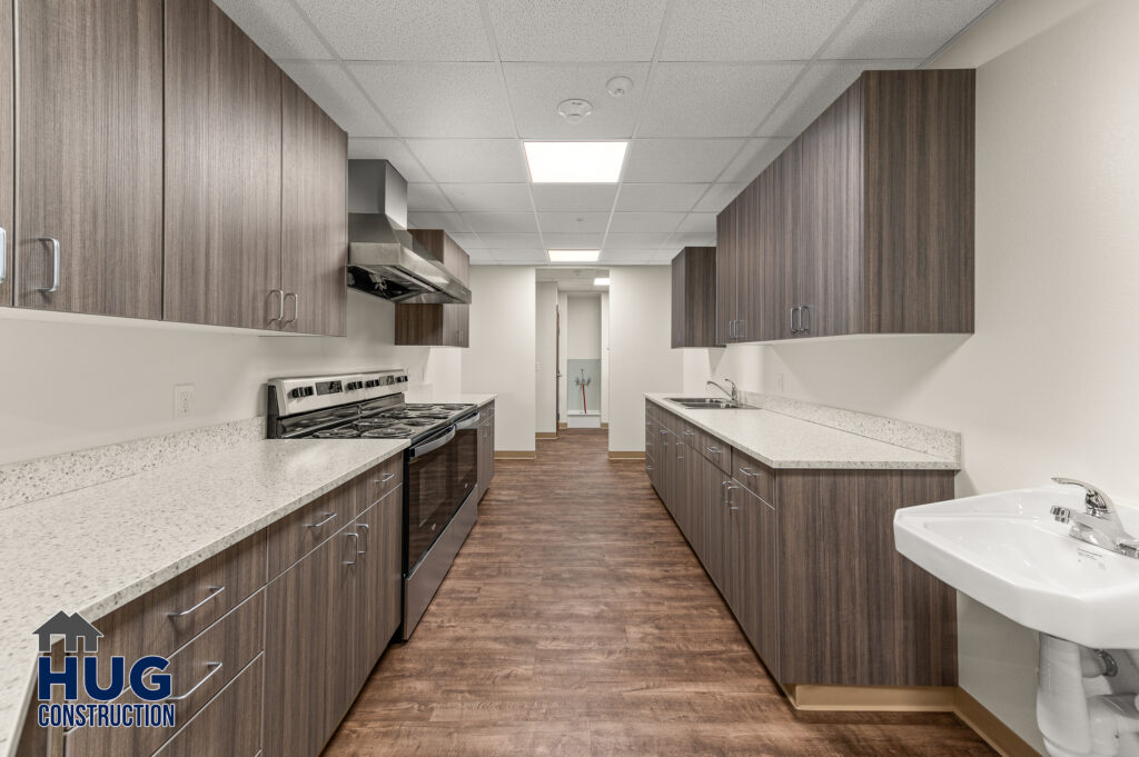 Interior shot of a galley kitchen area.