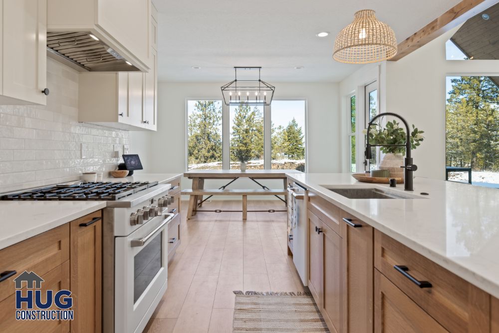 The Ridge At Hangman. Interior photo of the kitchen with view of dining nook.