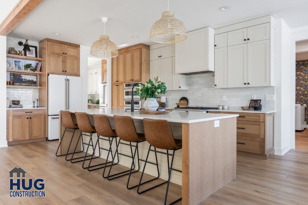 Interior photo of the kitchen with seating.