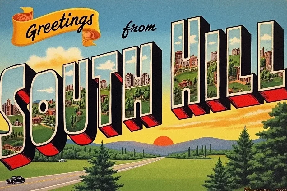 South Hill Remodels. Greetings from South Hill. Old-timey postcard image.