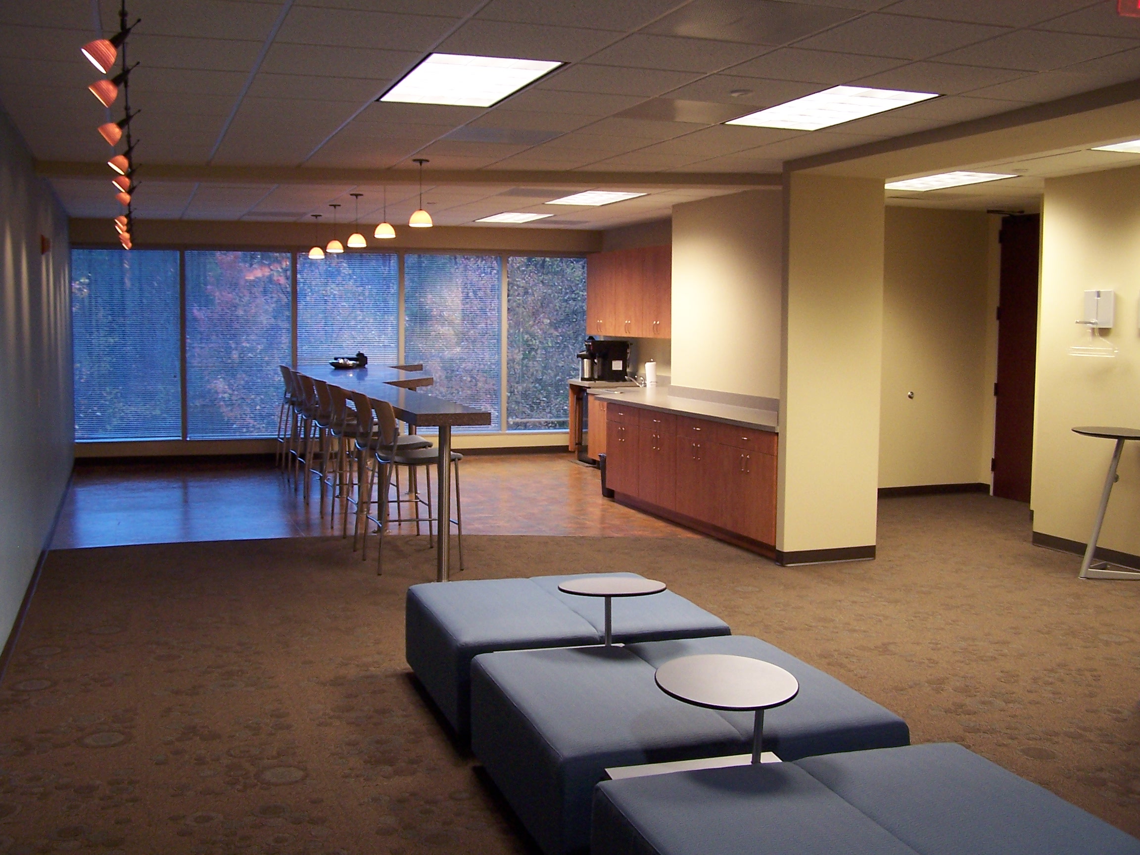Office tenant improvement with break room built by HUG Construction in central North Carolina