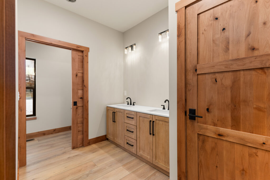 Interior photo of the bathroom double vanities.