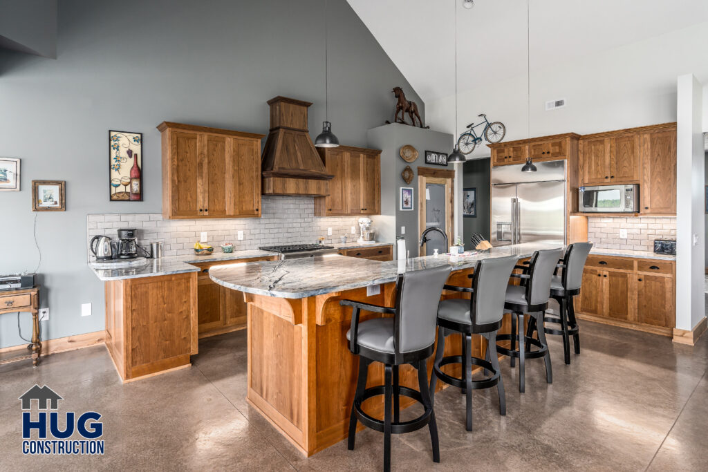 Interior shot of the kitchen and island seating.