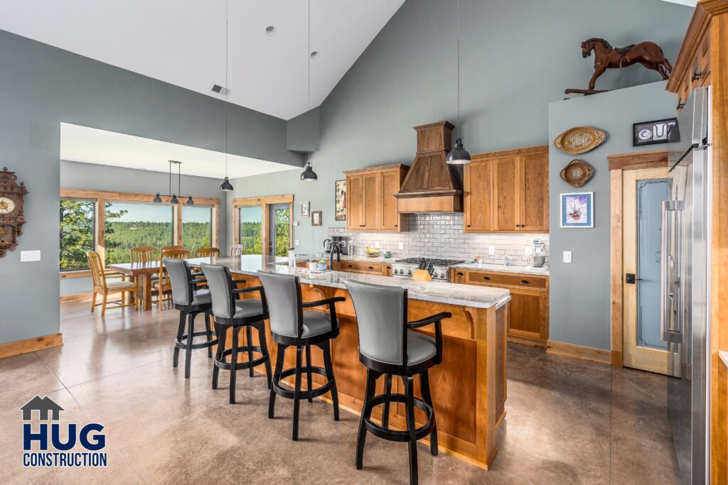 Falcon Point. Interior shot of the kitchen and island seating.