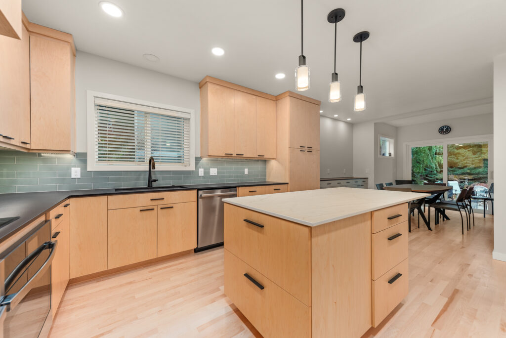 Interior image of kitchen and island.