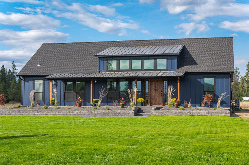 Loon Lake. Exterior shot of the front of custom modern farmhouse.