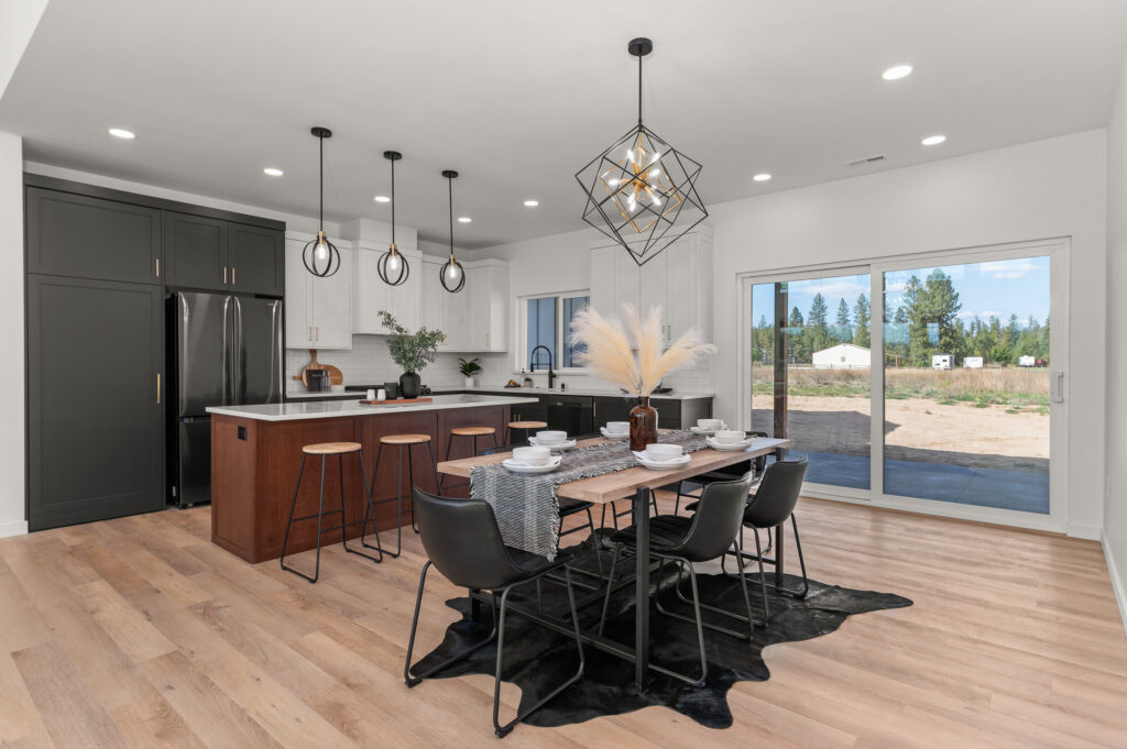 Loon Lake. Interior shot of the kitchen and dining area.