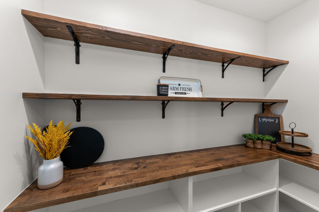 Loon Lake. Interior shot of the pantry shelving.