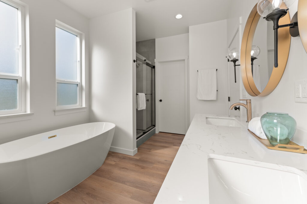 Loon Lake. Interior shot of a bathroom with soaking tub and shower.