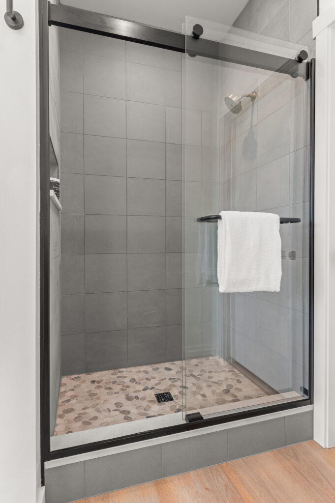 Loon Lake. Interior shot of a bathroom with shower.