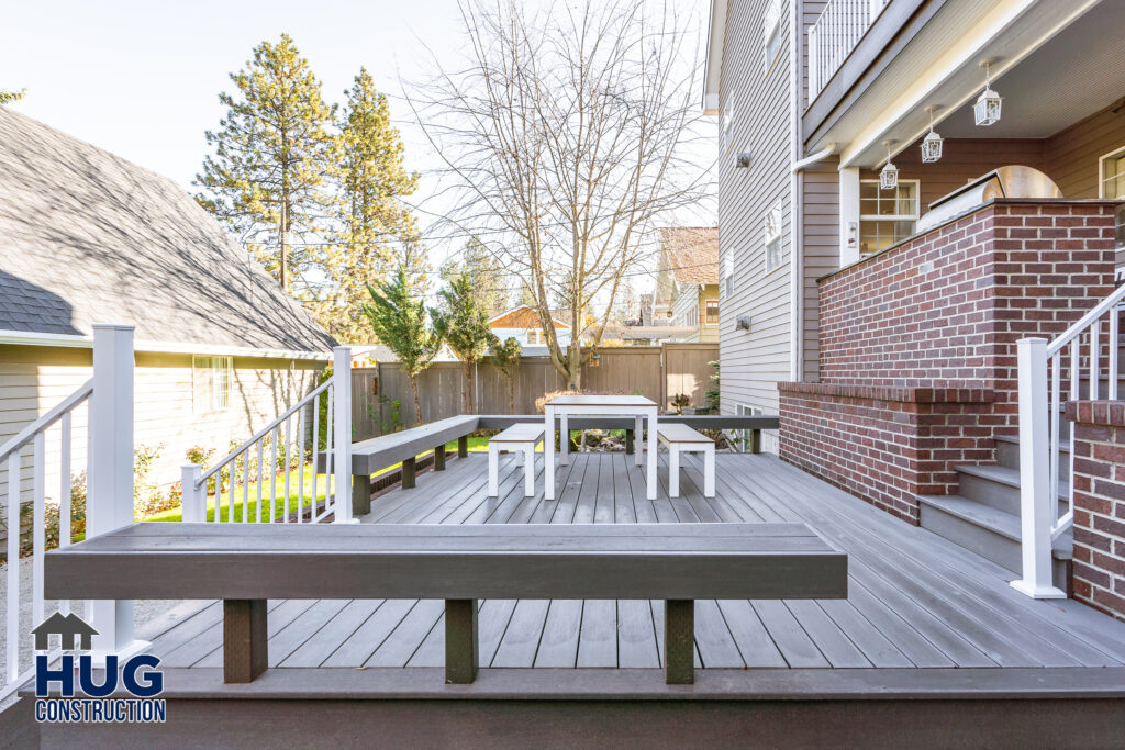 Deck Remodel. Exterior shot of deck and outdoor seating.