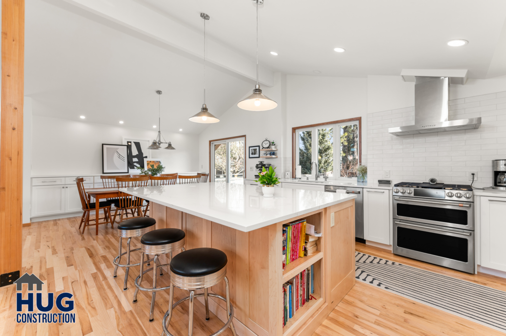 South Jefferson Kitchen and Dining Room Remodel. Interior photo of kitchen and island area seating.