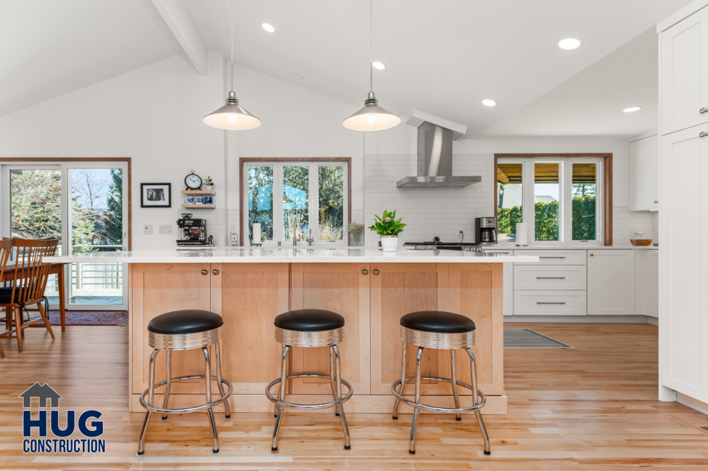 Kitchen and Dining Room Remodel. Interior photo of kitchen and island area seating.