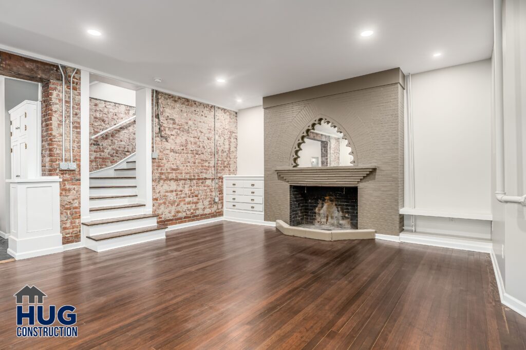 Apartment Remodel. Interior shot living space with fireplace.