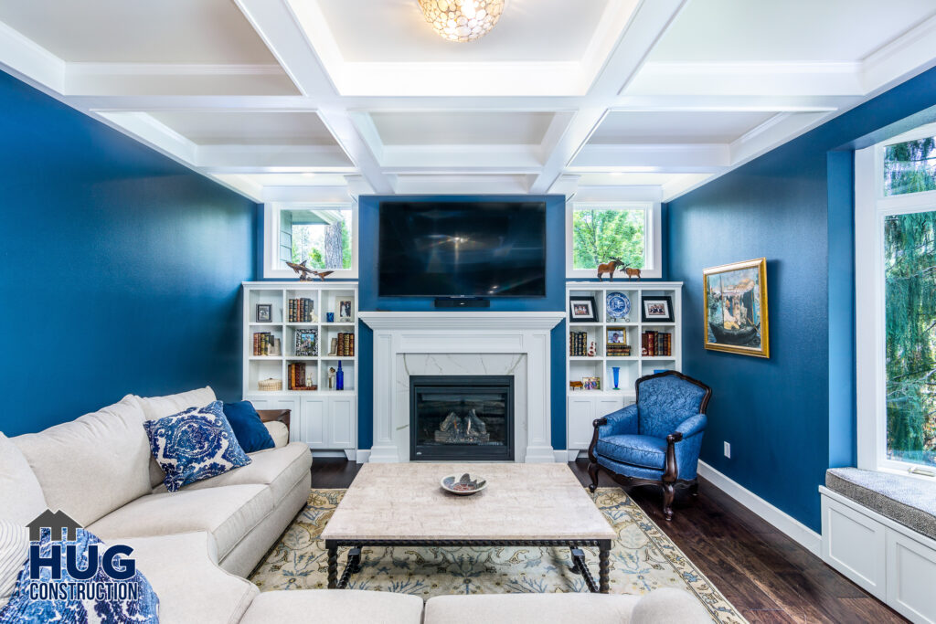 Living Room Remodel. Interior photo of built-in bookcases and fireplace.