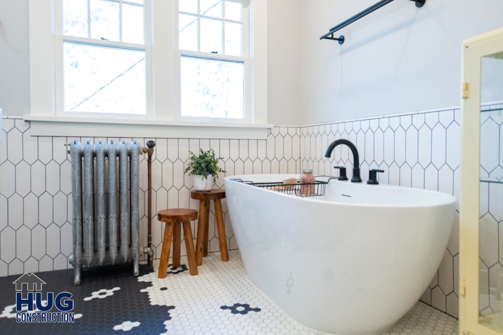 Bathroom Remodel. Interior photo of the soaking tub and unique floor tile pattern.