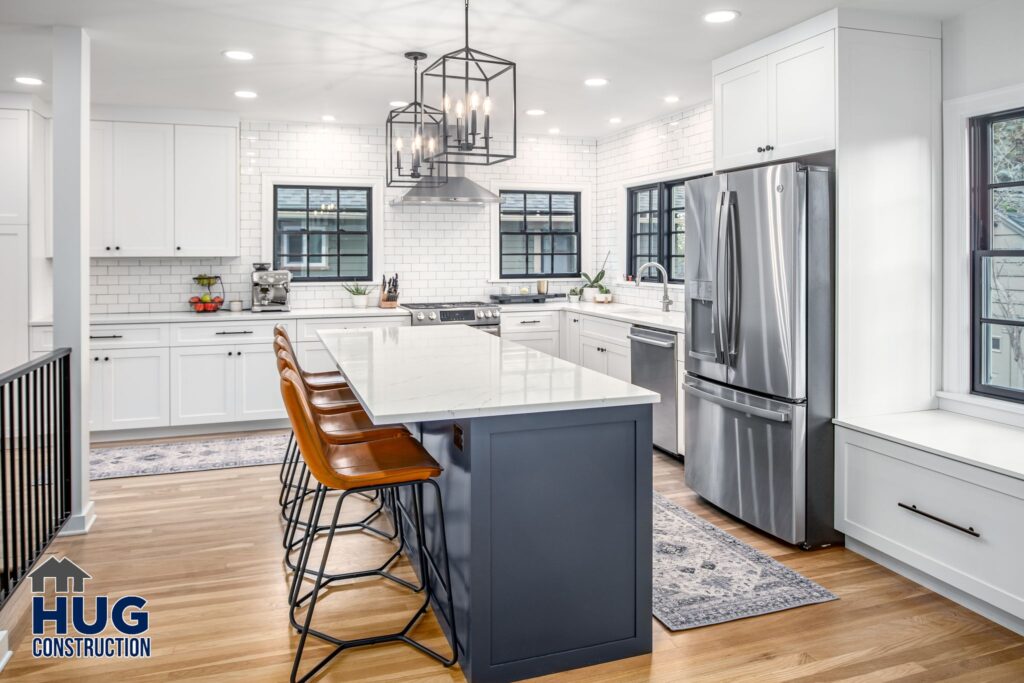 22nd Ave Kitchen Remodel. Interior shot of kitchen and island seating.