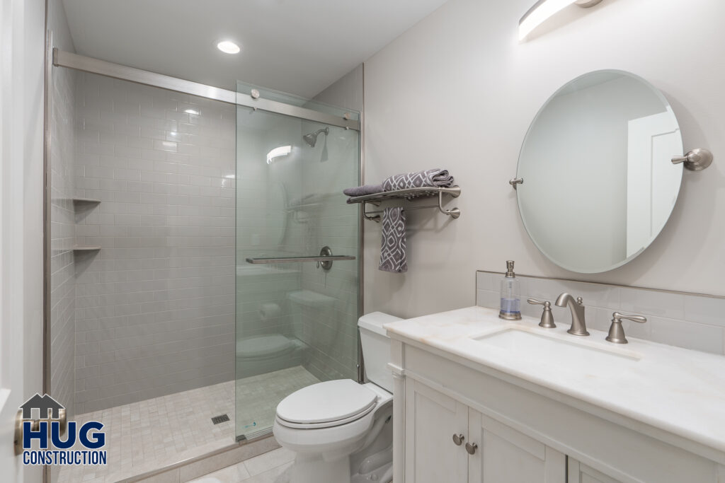 Home Remodel. Interior photo of a bathroom with vanity and shower.