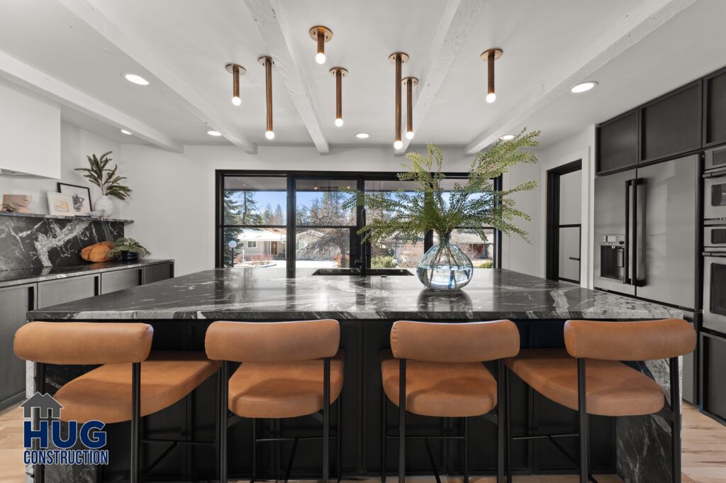 Larchwood Street Kitchen Remodel. Black marble Kitchen Island seating area.