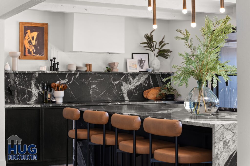 Larchwood Street Kitchen Remodel. Black marble Kitchen Island seating area.