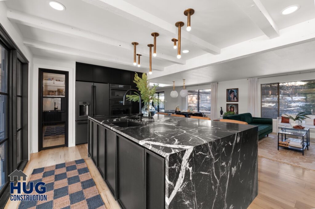 Larchwood Street Kitchen Remodel. Black marble Kitchen Island.