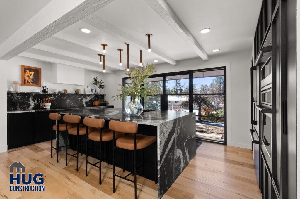 Kitchen Remodel. Black marble Kitchen Island seating area.