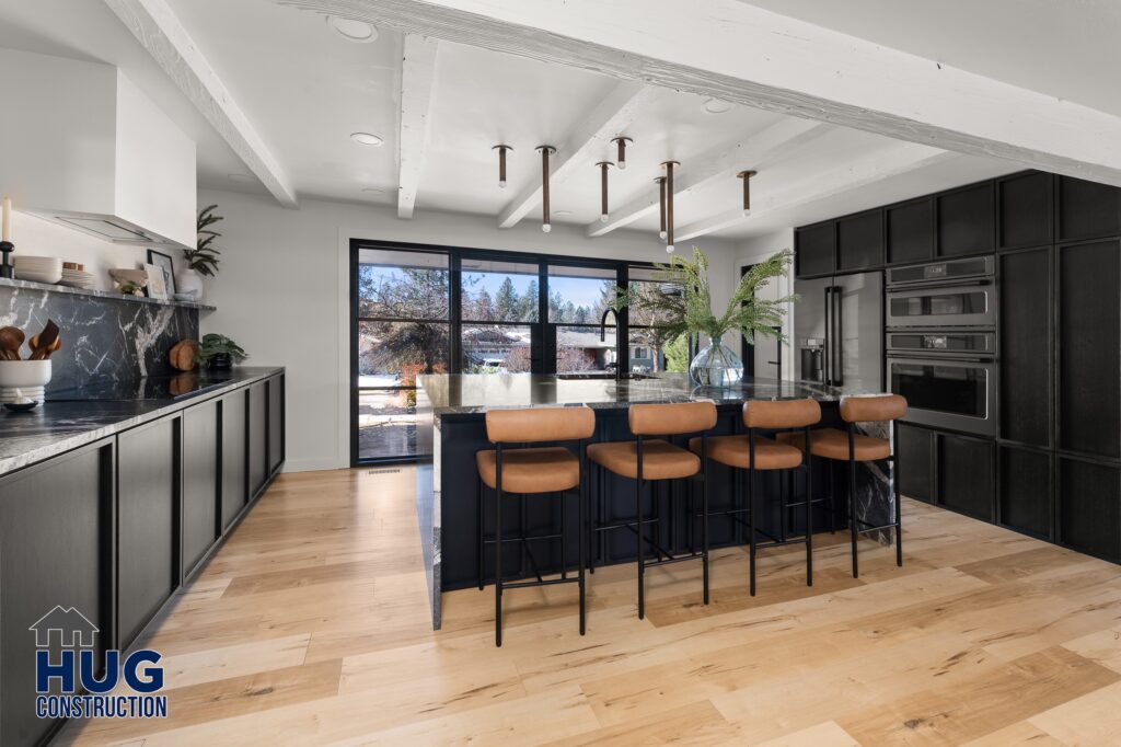 Larchwood Street Kitchen Remodel. Black marble Kitchen Island seating area.