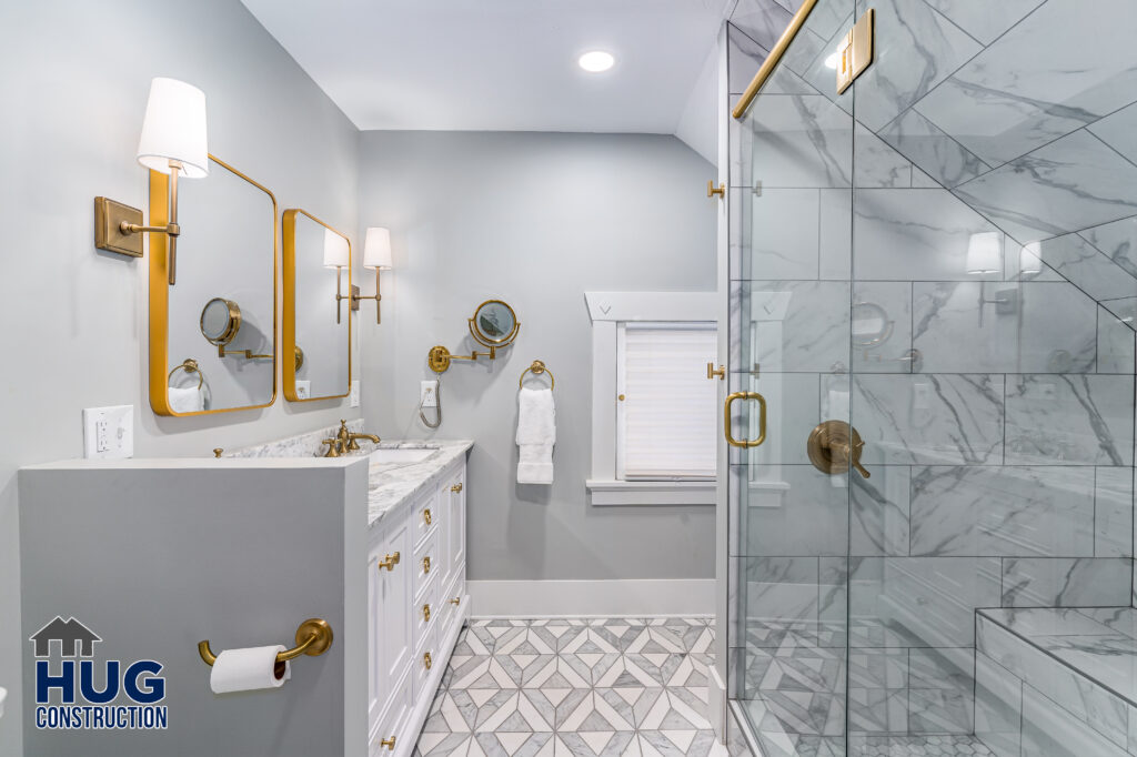 17th Ave. Kitchen and bath remodel. Interior shot of bathroom with vanity and shower.