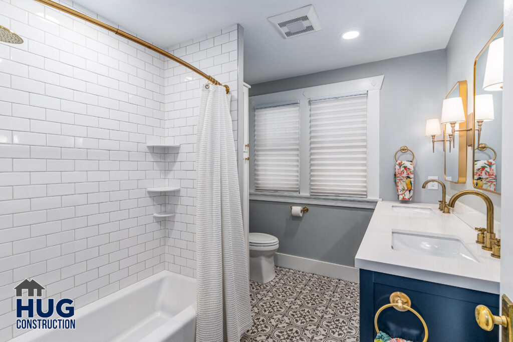 Kitchen and bath remodel. Interior shot of bathroom with vanity and tub.