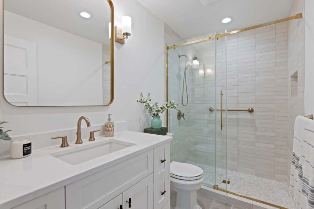 Kitchen and Addition Remodel. Interior shot of bathroom vanity and shower.