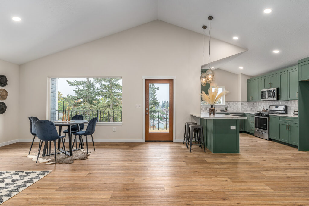 Custom Residential Home. Interior photo of a kitchen with appliances and dining area.