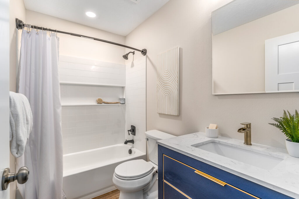 Custom Residential Home. Interior photo of a bathroom with vanity and tub.