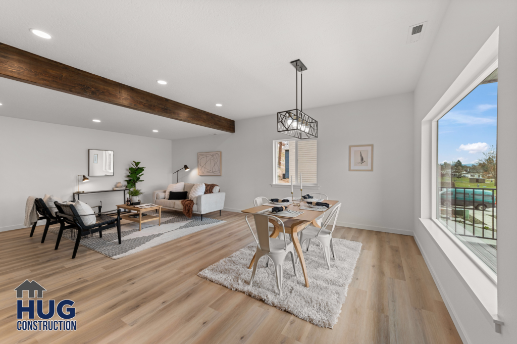 West Cora Avenue Custom Residential Home. Interior photo of the family room and dining area.